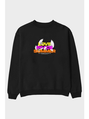 Ankhises Love Peace Summer Ön Baskılı Siyah Oversize Sweatshirt Erkek Kadın Bisiklet Yaka