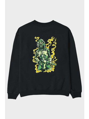 Ankhises Robot Soldier Arka Baskılı Siyah Oversize Sweatshirt Erkek Kadın Bisiklet Yaka