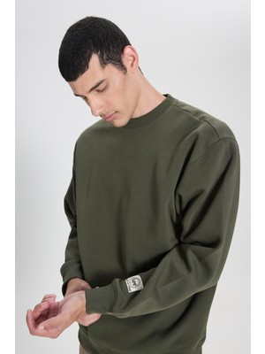 Loose Fit Rahat Kesim Bisiklet Yaka Zeytin Yeşili Sweatshirt