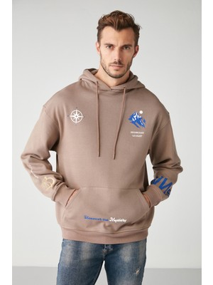 Nws Erkek Içi Polarlı Çok Pozisyonlu Baskılı Kapüşonlu Kordonlu Vizon Sweatshirt