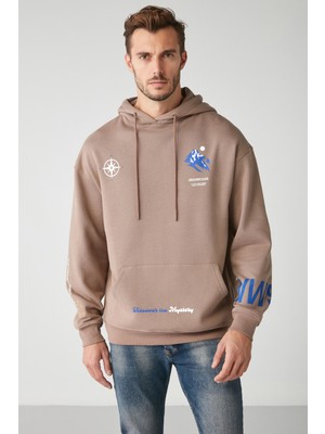 Nws Erkek Içi Polarlı Çok Pozisyonlu Baskılı Kapüşonlu Kordonlu Vizon Sweatshirt