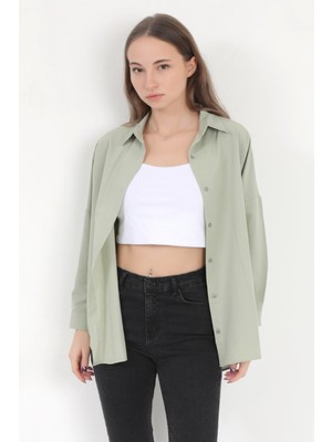 Giysa Kadın Yeşil Uzun Kollu Basic Pamuklu Oversize Gömlek - 3900