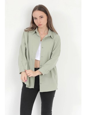 Giysa Kadın Yeşil Uzun Kollu Basic Pamuklu Oversize Gömlek - 3900