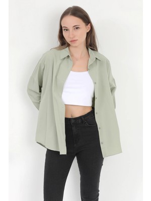Giysa Kadın Yeşil Uzun Kollu Basic Pamuklu Oversize Gömlek - 3900