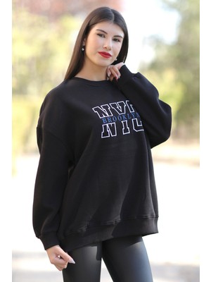 Giysa Kadın Oversize Sweatshirt Siyah NYC Brooklyn Nakışlı Bisiklet Yaka Ribanalı - 9004