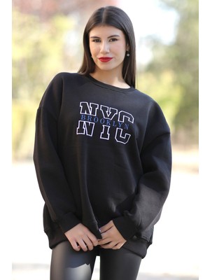 Giysa Kadın Oversize Sweatshirt Siyah NYC Brooklyn Nakışlı Bisiklet Yaka Ribanalı - 9004