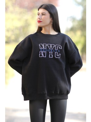 Giysa Kadın Oversize Sweatshirt Siyah NYC Brooklyn Nakışlı Bisiklet Yaka Ribanalı - 9004