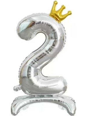 Patladı Gitti 2 Rakam Gümüş Renkli Ayaklı Ve Kral Taç'lı Folyo Balon 34 Inç 76 Cm