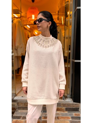 Ceren İrem Boutique 4609 Bright Taşlı Tunik-Ekru