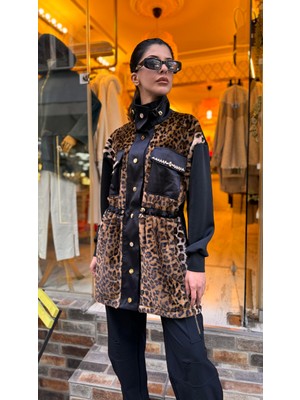 Ceren İrem Boutique 4663 Kürklü Leopar Ceket-Siyah