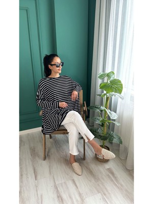 Ceren İrem Boutique 0723 Geniş Çizgili Tunik-Siyah