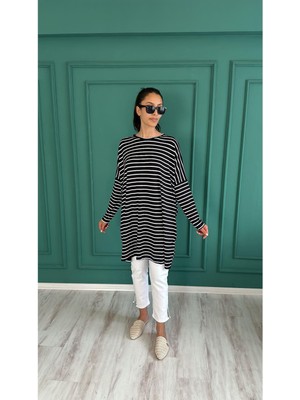 Ceren İrem Boutique 0723 Geniş Çizgili Tunik-Siyah