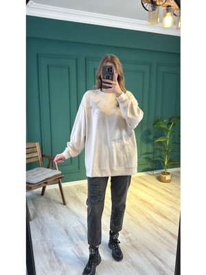 Ceren İrem Boutique 33431 Yıldızlı Taşlı Sweat-Bej