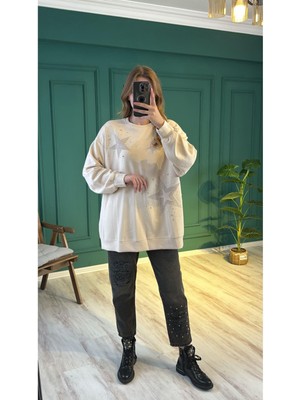 Ceren İrem Boutique 33431 Yıldızlı Taşlı Sweat-Bej