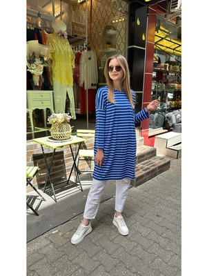 Ceren İrem Boutique 3183 Kalın Çizgili Uzun Sweat-Mavi