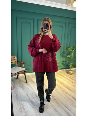 Ceren İrem Boutique 33431 Yıldızlı Taşlı Sweat-Bordo