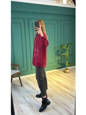 Ceren İrem Boutique 33431 Yıldızlı Taşlı Sweat-Bordo