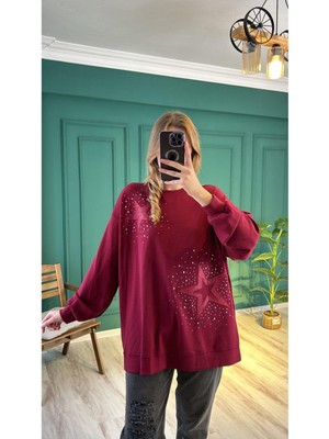 Ceren İrem Boutique 33431 Yıldızlı Taşlı Sweat-Bordo