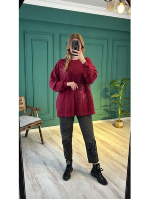 Ceren İrem Boutique 33431 Yıldızlı Taşlı Sweat-Bordo