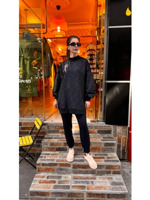 Ceren İrem Boutique 4670 Işlemeli Çizgili Sweat-Siyah