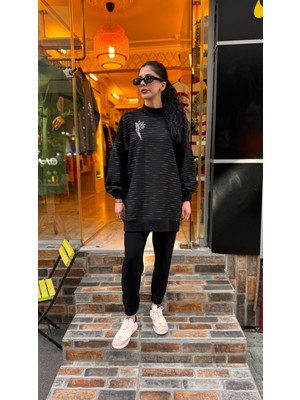 Ceren İrem Boutique 4670 Işlemeli Çizgili Sweat-Siyah