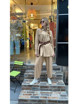 Ceren İrem Boutique 1005 Hasır Kemerli Keten Takım-Camel