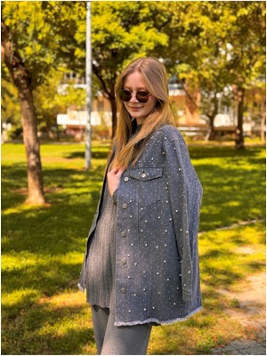 Ceren İrem Boutique 1113 Taşlı Denim Ceket-Füme