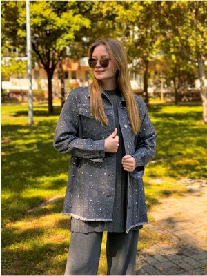 Ceren İrem Boutique 1113 Taşlı Denim Ceket-Füme