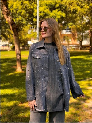 Ceren İrem Boutique 1113 Taşlı Denim Ceket-Füme