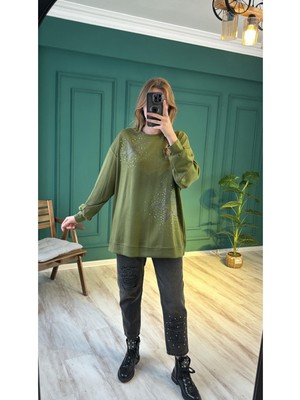 Ceren İrem Boutique 33431 Yıldızlı Taşlı Sweat-Haki