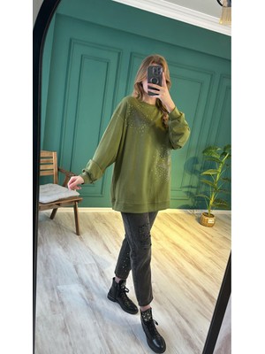 Ceren İrem Boutique 33431 Yıldızlı Taşlı Sweat-Haki