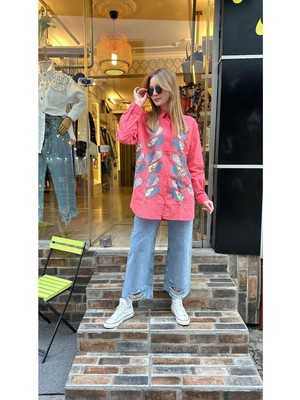 Ceren İrem Boutique 33354 Taşlı Işlemeli Gömlek-Mercan