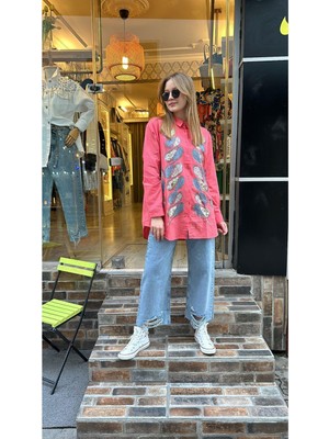 Ceren İrem Boutique 33354 Taşlı Işlemeli Gömlek-Mercan