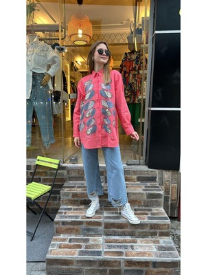 Ceren İrem Boutique 33354 Taşlı Işlemeli Gömlek-Mercan