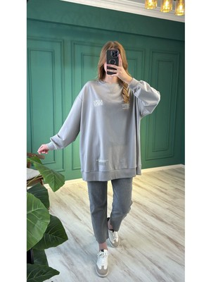 Ceren İrem Boutique 33570 Yazılı Basic Sweat-Gri