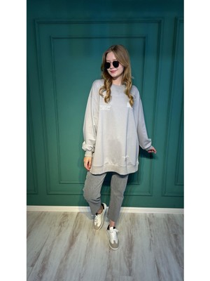 Ceren İrem Boutique 33570 Yazılı Basic Sweat-Gri