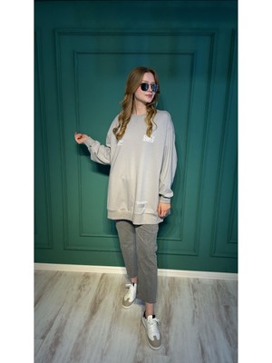 Ceren İrem Boutique 33570 Yazılı Basic Sweat-Gri