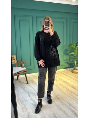 Ceren İrem Boutique 33431 Yıldızlı Taşlı Sweat-Siyah