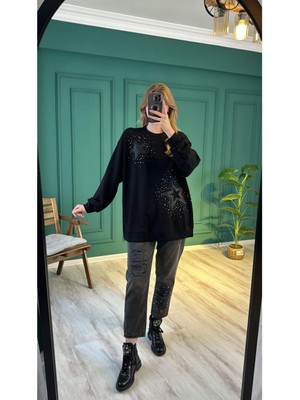 Ceren İrem Boutique 33431 Yıldızlı Taşlı Sweat-Siyah