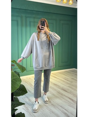 Ceren İrem Boutique 33571 Kapüşonlu Yazılı Sweat-Gri