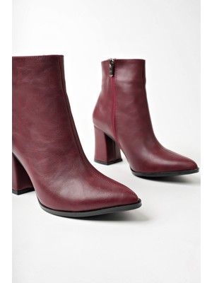Marshetta Shoes Legend Model Bordo Sivri Burun Kalın Topuklu Yandan Fermuarlı Kadın Bot