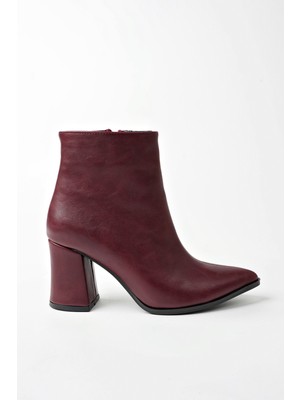 Marshetta Shoes Legend Model Bordo Sivri Burun Kalın Topuklu Yandan Fermuarlı Kadın Bot
