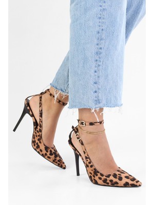 Shoeberry Kadın Mila Leopar Zara Saten Kemerli Bilekten Bağlı Stiletto