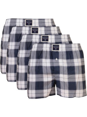 Lacivert Beyaz Ekose Kare Desenli Soft Pamuk 4'lü Erkek Boxer Şort Rahat Baksır Set