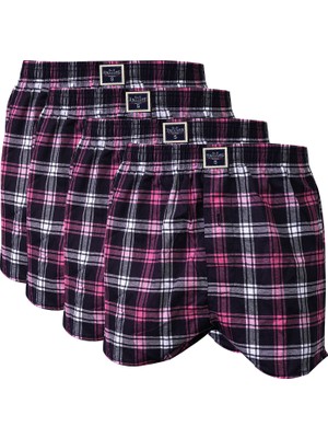 Exve Exclusive Siyah Beyaz Pembe Ekose Kareli Pamuk 4'lü Erkek Boxer Şort Rahat Baksır Set