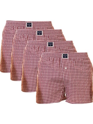 Bordo Beyaz Pötikareli Pamuk Dokuma 4'lü Erkek Boxer Şort Rahat Baksır Set