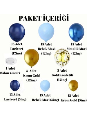 Konsept Sepeti 100 Adet Zincir Balon Set Mavi Lacivert Krom Gold Konfetili, Lacivert Sünnetime Hoşgeldiniz Banner