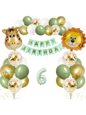 Düvenci Ticaret Safari Temalı Adaçayı Yeşili Rakam  Balon Set Aslan Zürafa Kafa Folyo
