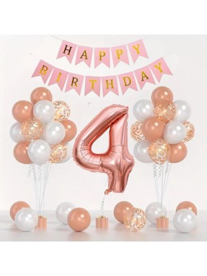 Konsept Sepeti 4 Yaş Rosegold Balon Seti Rosegold Konfetili Beyaz Balon Happy Birthday Banner(Balon Bandı Hediyeli)