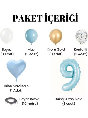 Konsept Sepeti 9 Yaş Doğum Günü Seti Yaş Folyo ve Mavi Beyaz Krom Gold Konfetili Kalp Balon Parti Seti